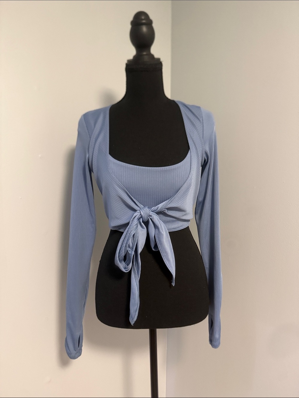 Gilly Hicks Ribbed Tie-Front Long Sleeve Crop Top - Light Blue